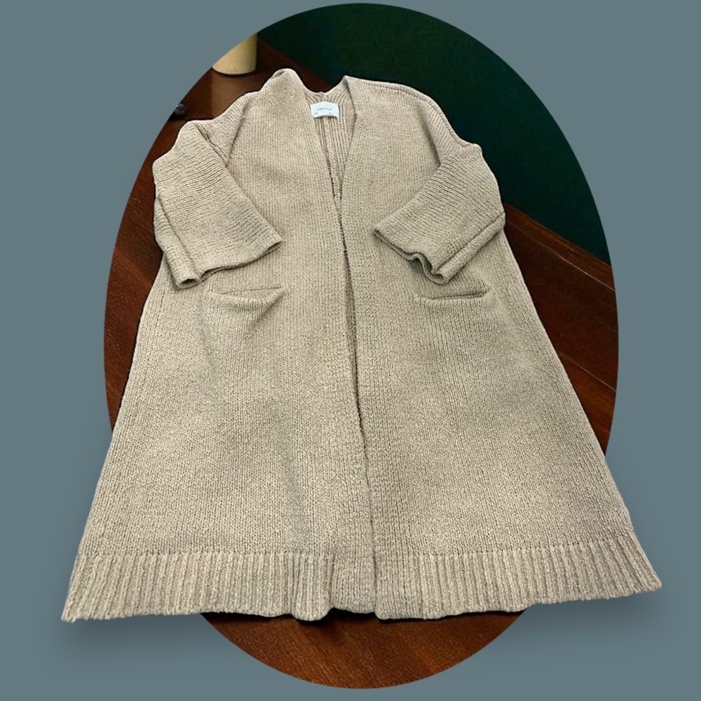 Anthropologie Long Line Knit Open Cardigan Sweater. Beige. Size: M 
(Oversized) - Picture 3 of 11